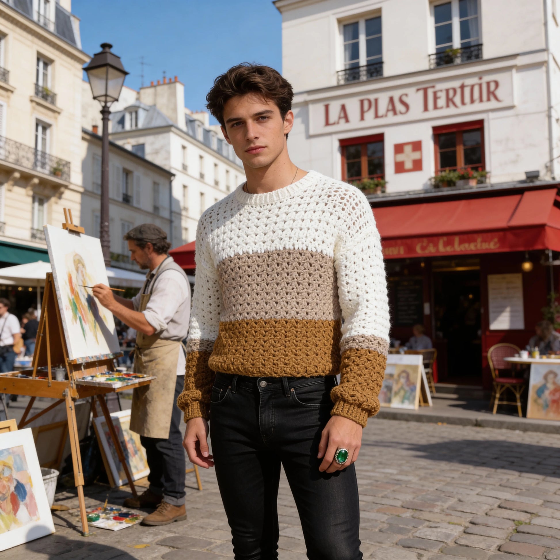 Pull au crochet fait main Homme Tricoloro de Cachalabibi - beige écru - vue de face sur la place du Tertre avec artistes peintres