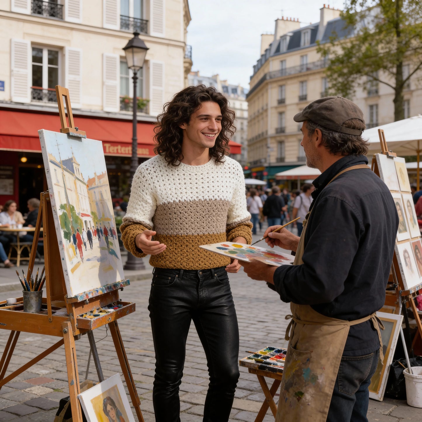 Pull au crochet fait main Homme Tricoloro de Cachalabibi - beige écru - vue de face discutant avec un artiste peintre sur la place du Tertre 