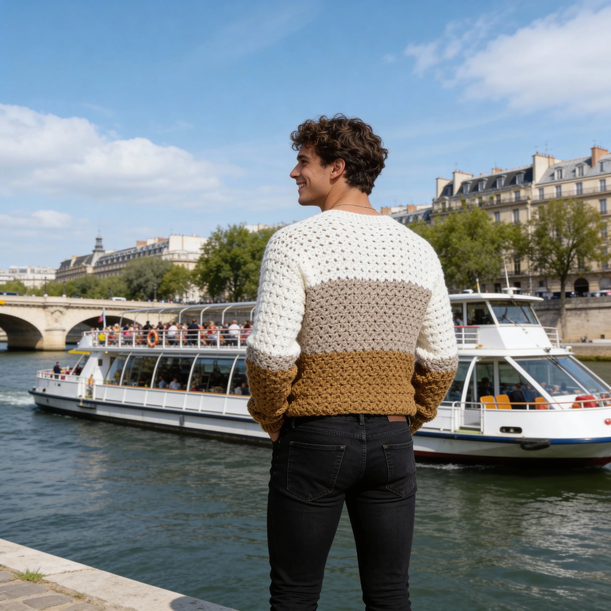 Pull au crochet fait main Homme Tricoloro de Cachalabibi - beige écru - vue de dos sur les quais de Seine à Paris avec bateaux-mouches