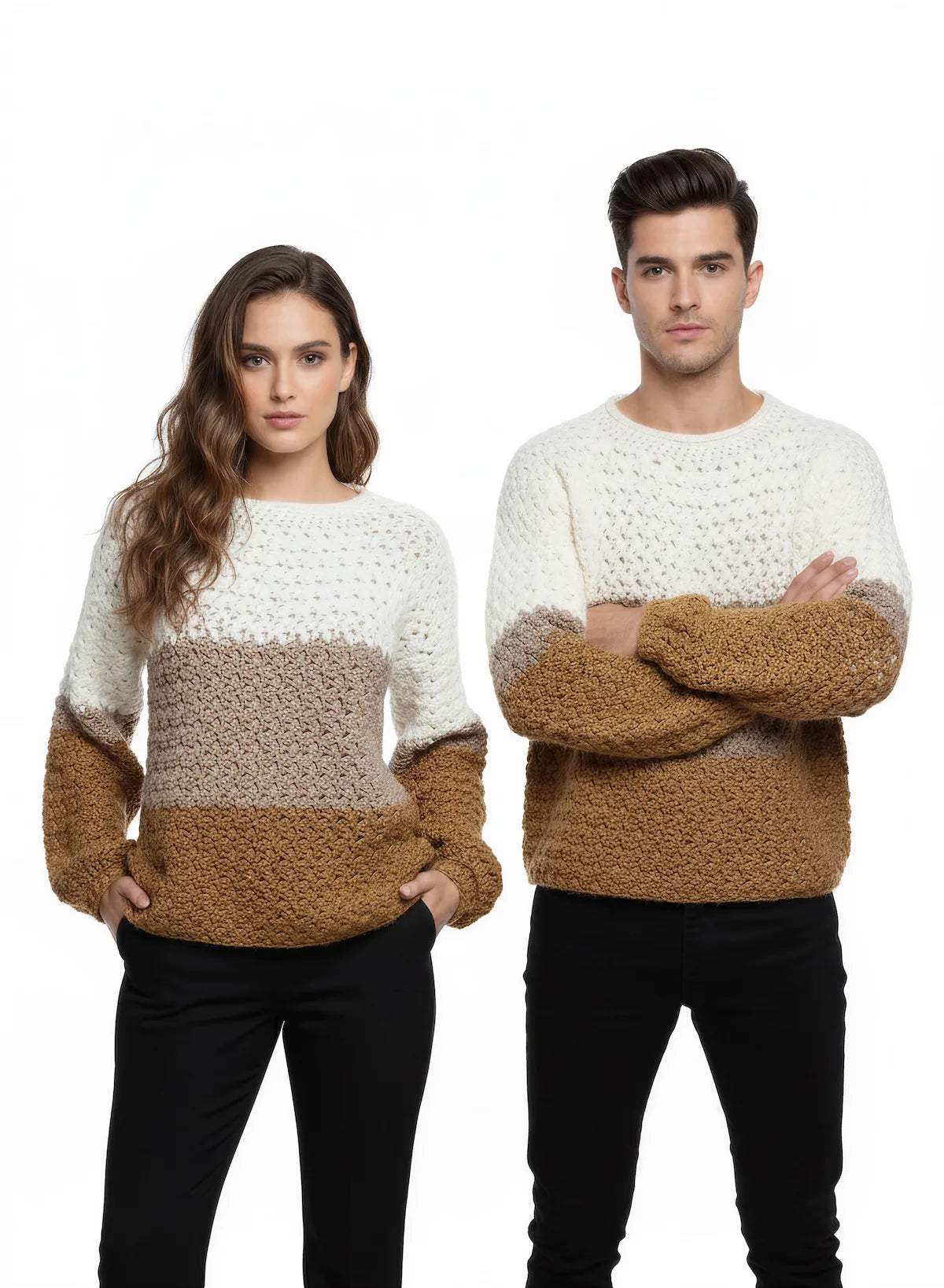 Pull unisexe Tricoloro tricolore crème taupe caramel texturé – crochet fait main – duo couple – Cachalabibi