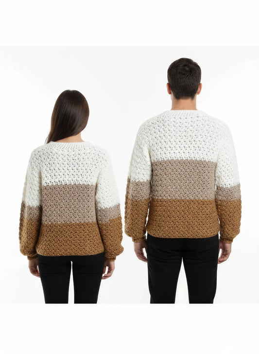 Pull unisexe Tricoloro tricolore crème taupe caramel texturé – crochet fait main – duo couple de dos – Cachalabibi