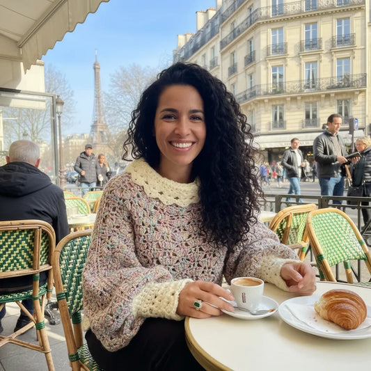 Pull au crochet fait main Unico de Cachalabibi - chiné pastel - vue de face d'une jeune femme sur une terrasse au petit-déjeuner