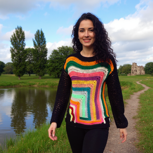 Pull au crochet fait main Vasarello de Cachalabibi - multicolore - Vue de face au parc avec château, élégance bohème multicolore