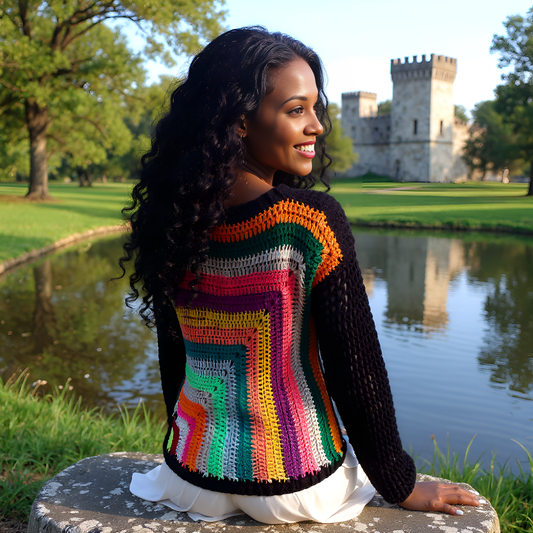 Pull au crochet fait main Vasarello de Cachalabibi - multicolore - Vue de dos au parc avec château