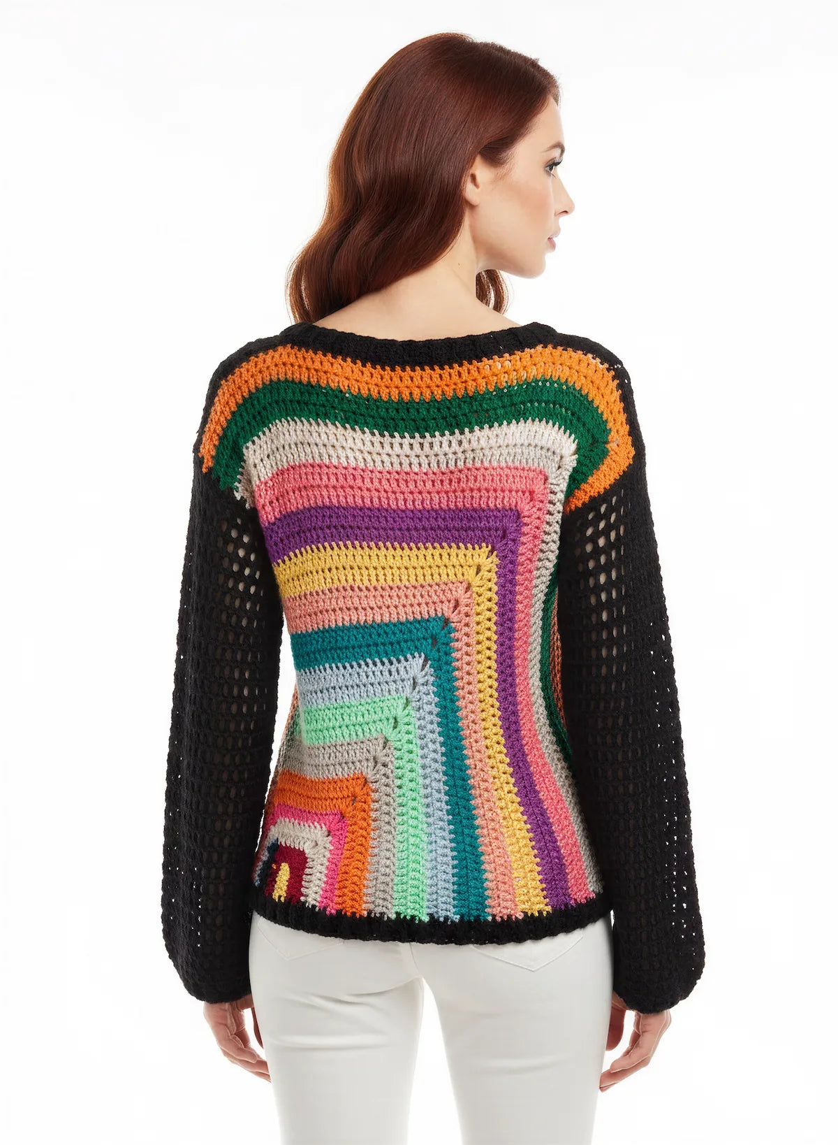 Pull femme Vasarello noir granny square géant multicolore arc-en-ciel – crochet fait main – de dos – Cachalabibi
