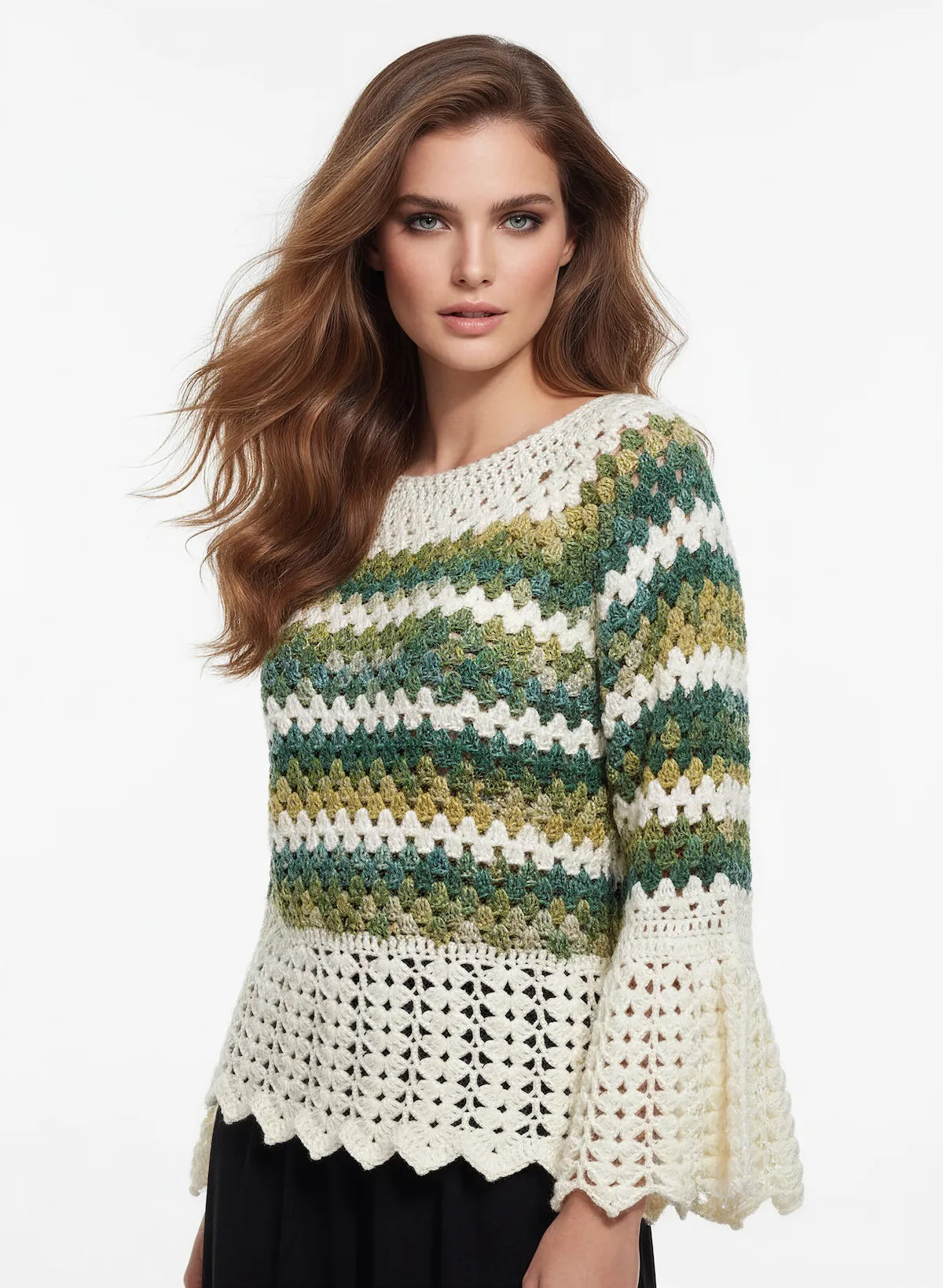 Pull femme Verduro crème rayures vert kaki chiné manches cloche ajourées – crochet fait main – de face – Cachalabibi