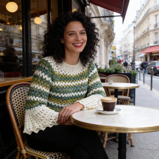 Pull au crochet fait main Verduro de Cachalabibi - écru et vert - vue de face d'une jeune femme à la terrasse d'un café