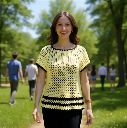 Pull au crochet fait main Sunshine de Cachalabibi - jaune pâle - Vue de dos en forêt, travail artisanal français