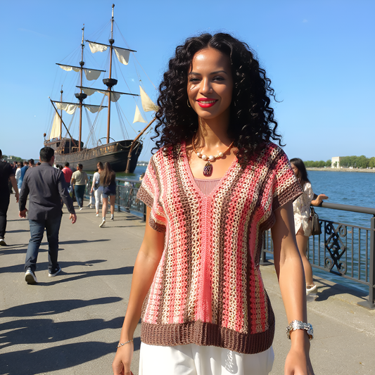 Pull au crochet fait main Belladonna de Cachalabibi - rose - vue face sur un quai
