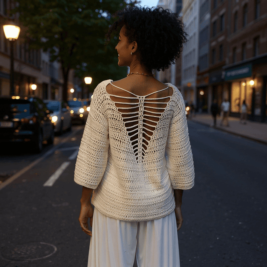 Pull au crochet fait main Butterfly de Cachalabibi - blanc - vue de dos sur une femme brune à la nuit tombée