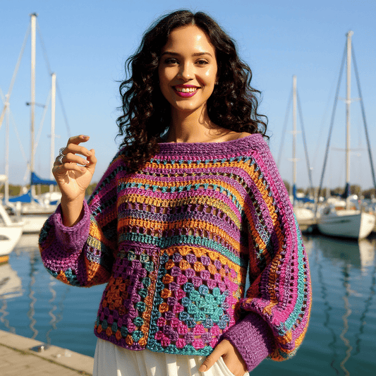 Pull au crochet fait main Caïnca de Cachalabibi - violet - vue de face dans une marina