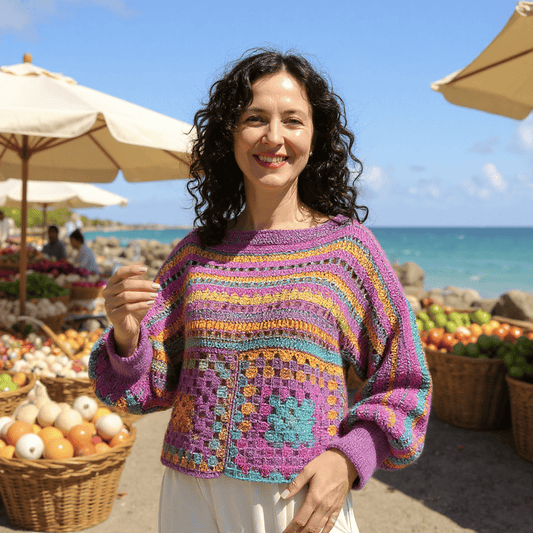 Pull au crochet fait main Caïnca de Cachalabibi - violet - vue de face dans unmarché