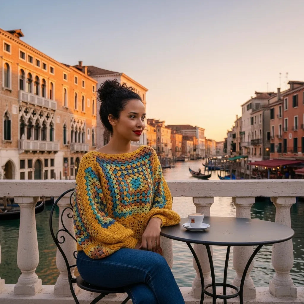 Pull au crochet fait main Labyrintho de Cachalabibi - jaune - vue de face portée par une femme à la terrasse d'un café vénitien devant le Grand canal