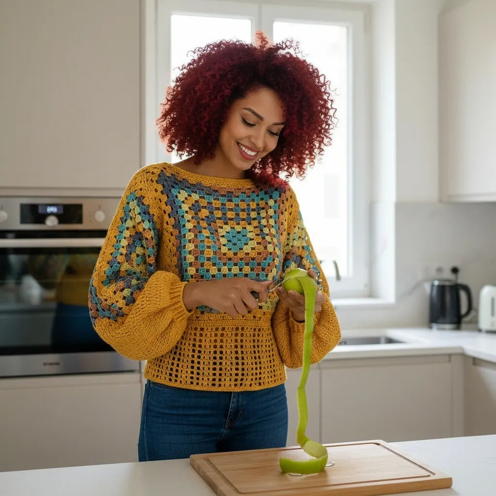 Pull au crochet fait main Labyrintho de Cachalabibi - jaune - vue de face portée par une femme qui épluche une pomme dans sa cuisine