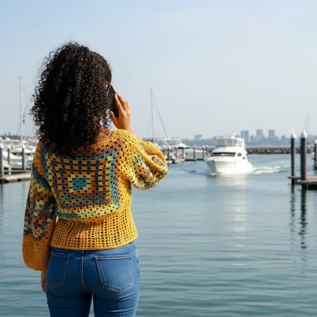 Pull au crochet fait main Labyrintho de Cachalabibi - jaune - vue de dos portée par une femme sur un quai de marina