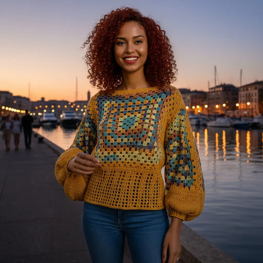 Pull au crochet fait main Labyrintho de Cachalabibi - jaune - vue de face portée par une femme sur un quai à la tombée du jour