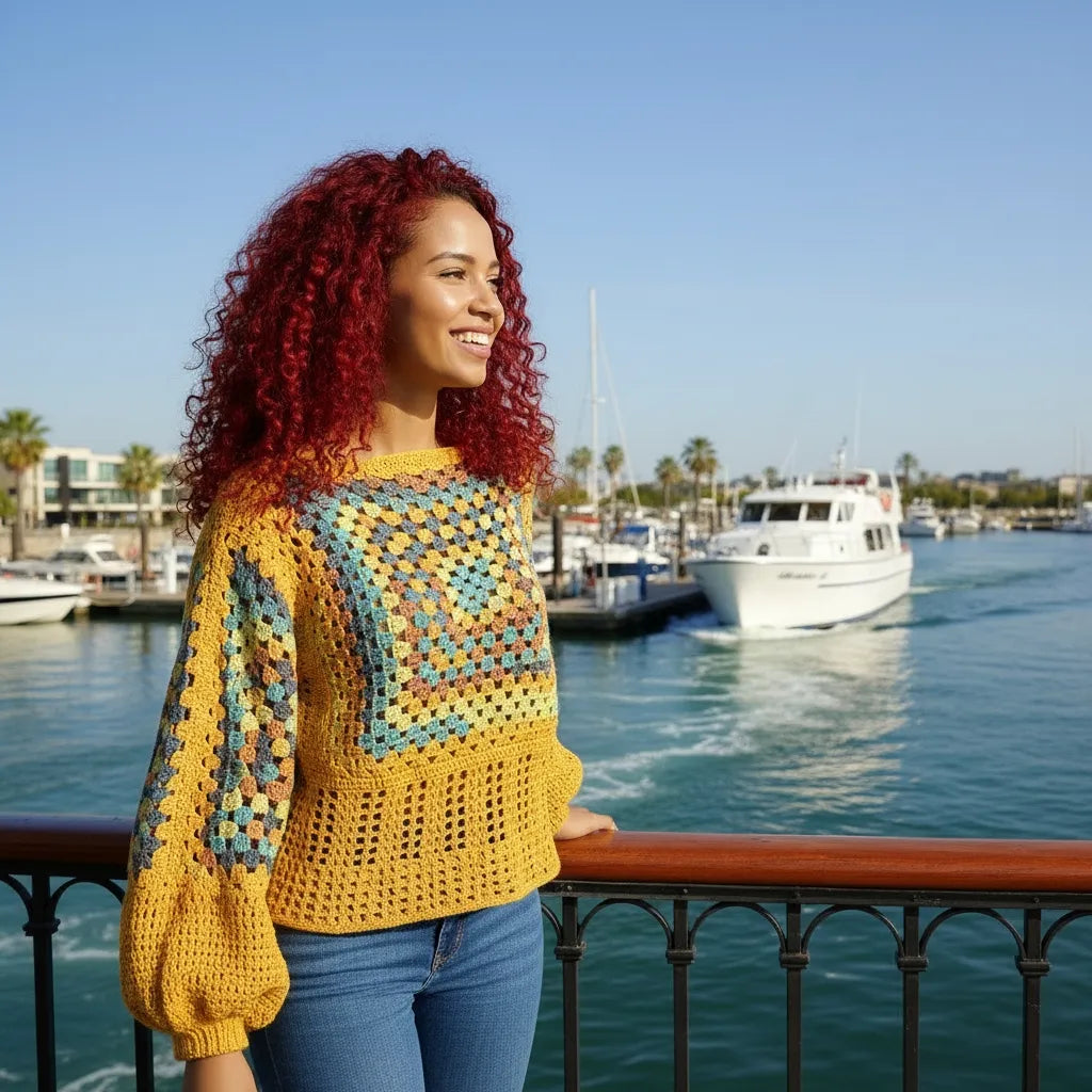 Pull au crochet fait main Labyrintho de Cachalabibi - jaune - vue de profil portée par une femme avec des bateaux de croisière en arrière-plan