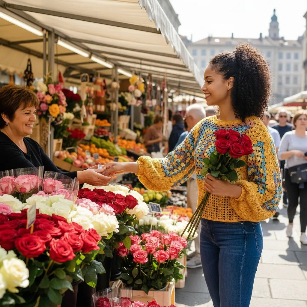 Pull au crochet fait main Labyrintho de Cachalabibi - jaune - vue de côté portée par une femme qui achète des roses à une fleuriste
