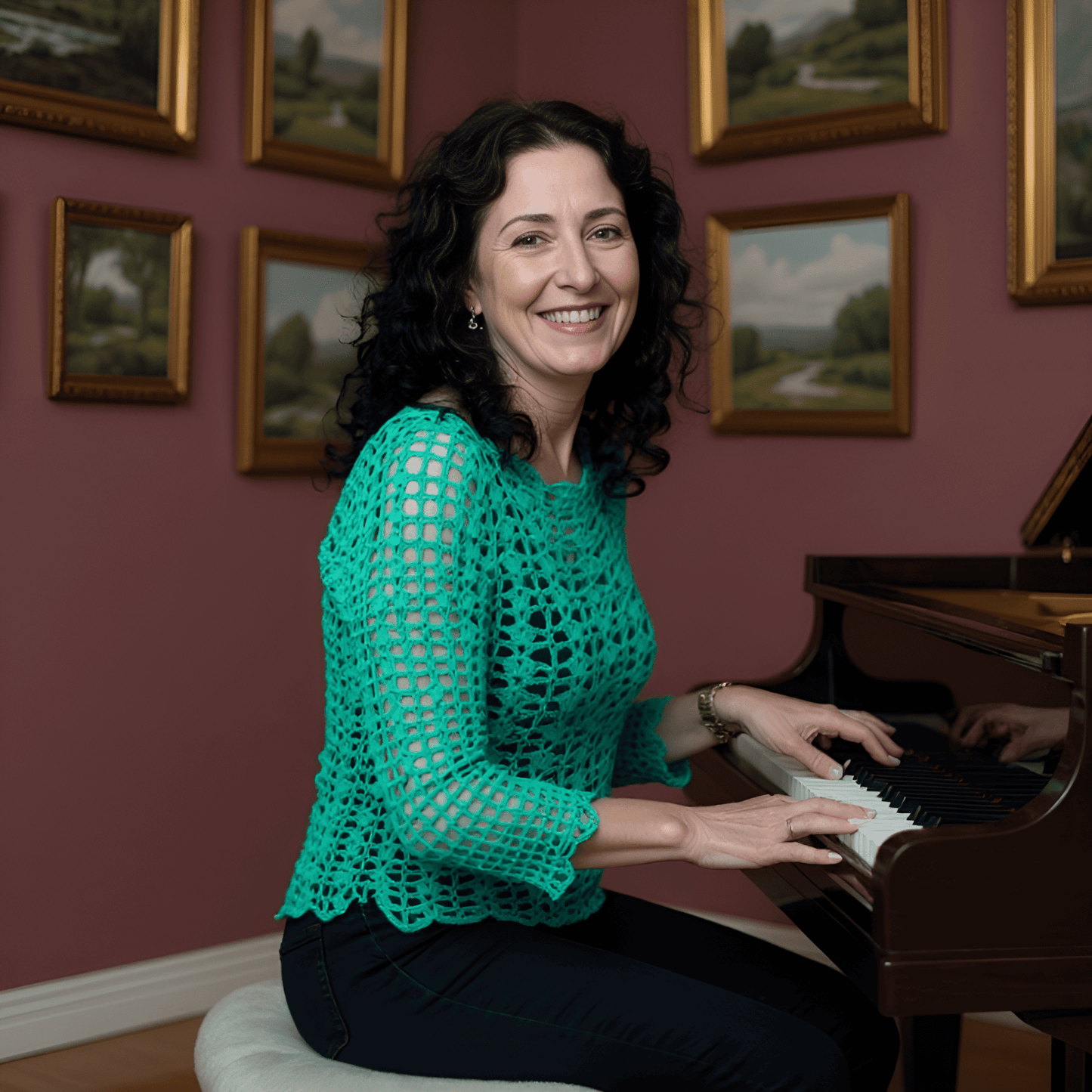 Pull au crochet fait main Marimar de Cachalabibi - vert émeraude - vue de côté d'une femme pianiste dans un salon cossu