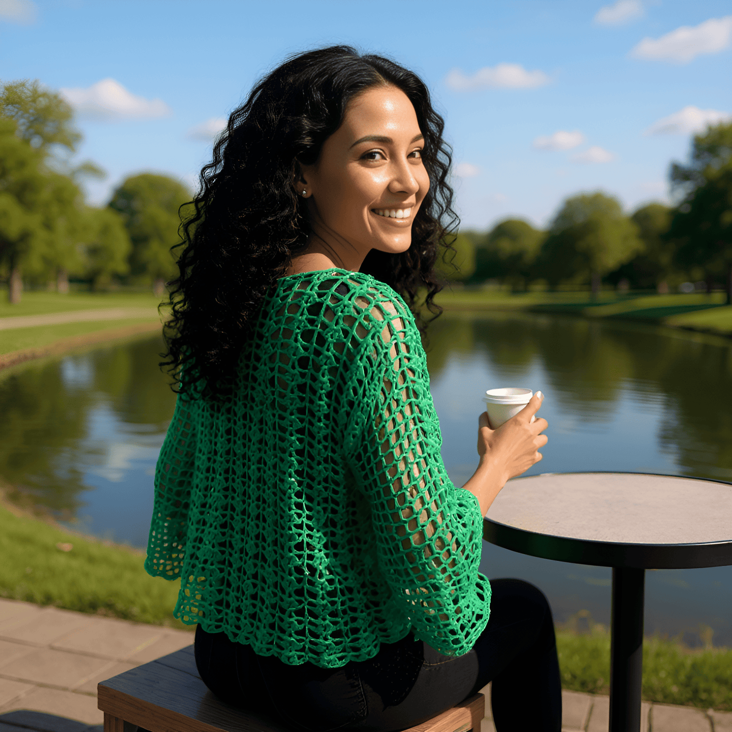 Pull au crochet fait main Marimar de Cachalabibi - vert émeraude - vue de dos d'une jeune femme qui sourit près d'un étang