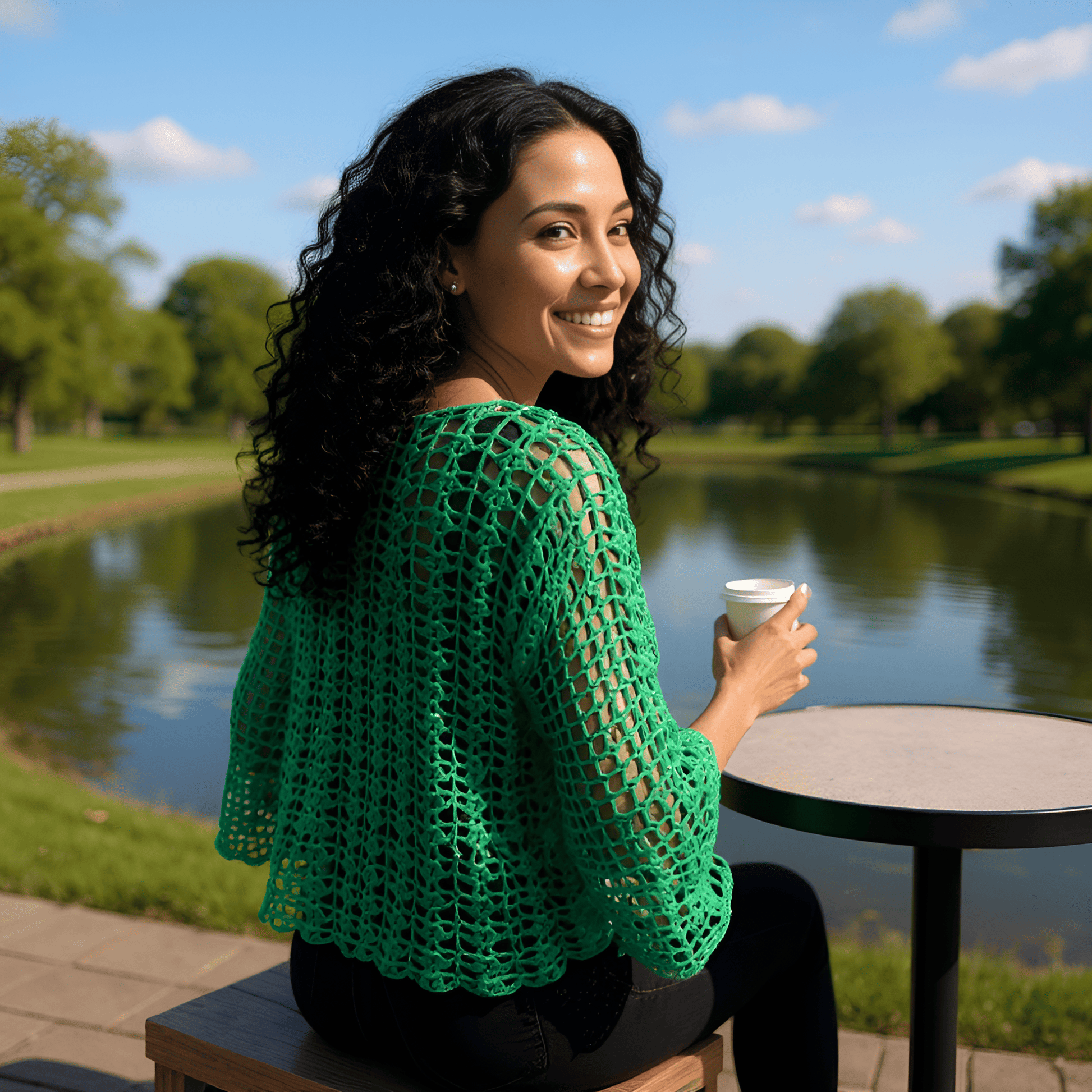 Pull au crochet fait main Marimar de Cachalabibi - vert émeraude - vue de dos d'une jeune femme qui sourit près d'un étang