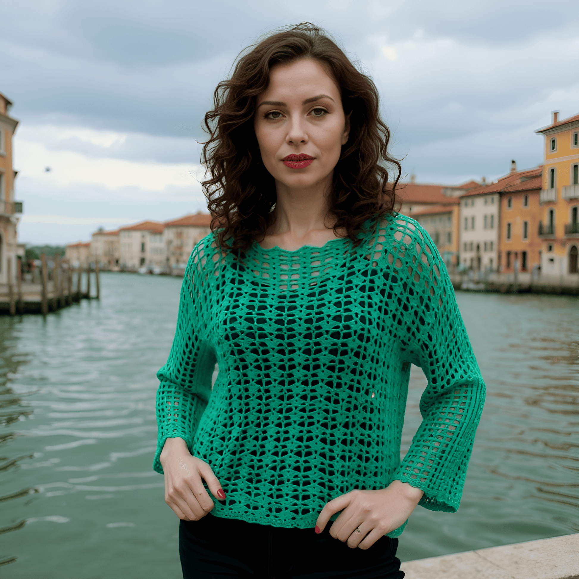 Pull au crochet fait main Marimar de Cachalabibi - vert émeraude - porté style bohème par une femme à Venise