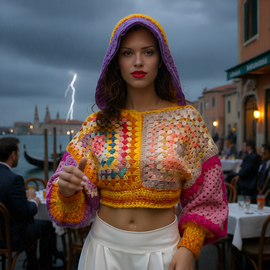 Pull au crochet fait main Dorsoduro de Cachalabibi - multicolore - Vue à Venise avec campanile, pièce unique multicolore en mohair