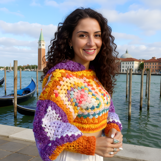 Pull au crochet fait main Dorsoduro de Cachalabibi - multicolore - Vue de face à Venise avec gondoles, mailles ajourées colorées