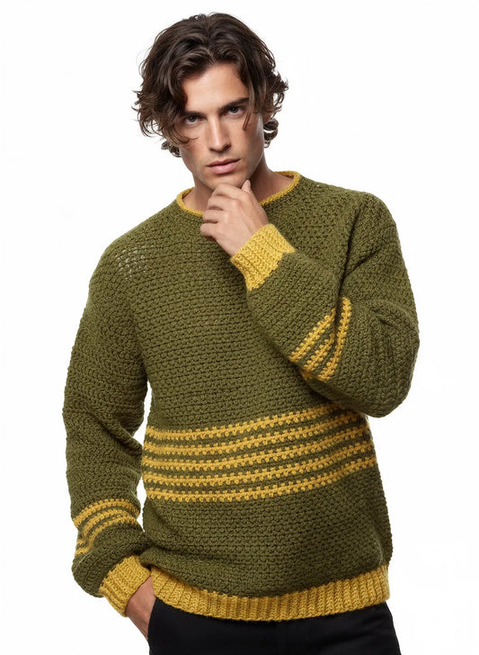 Pull homme Brazilo vert olive moutarde rayures – crochet fait main – de face – Cachalabibi