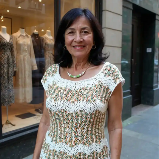 Pull au crochet fait main Azeitona de Cachalabibi - beige - Vue de face devant vitrine de vêtements de luxe