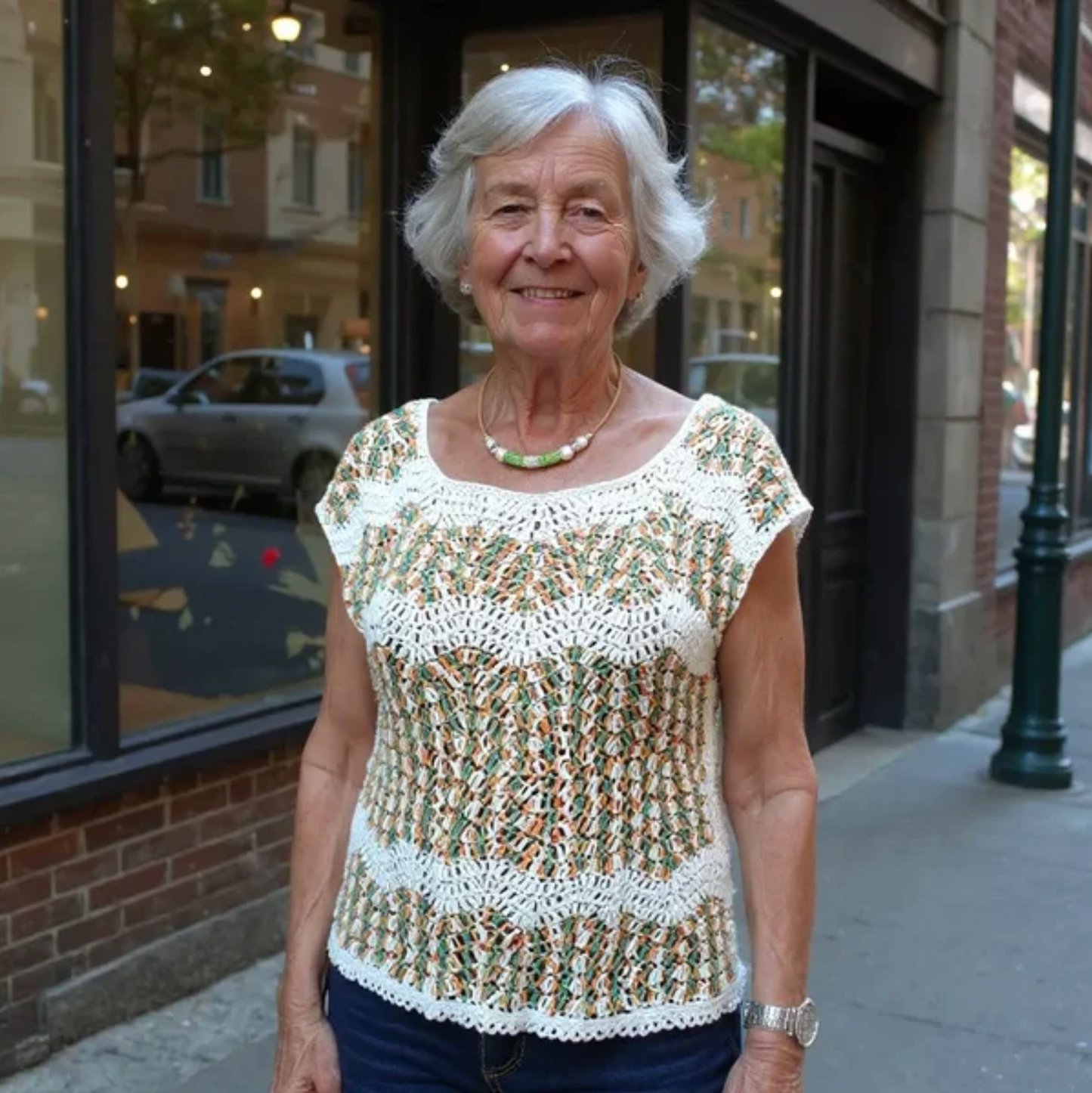 Pull au crochet fait main Azeitona de Cachalabibi - beige - devant vitrine, bandes ajourées blanches et motifs délicats