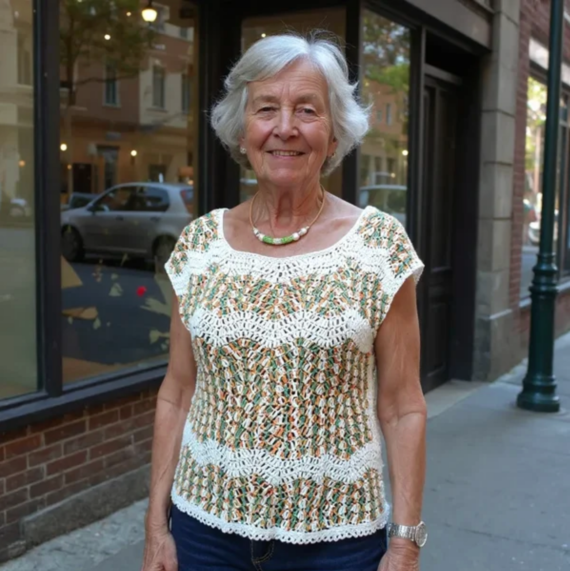 Pull au crochet fait main Azeitona de Cachalabibi - beige - devant vitrine, bandes ajourées blanches et motifs délicats