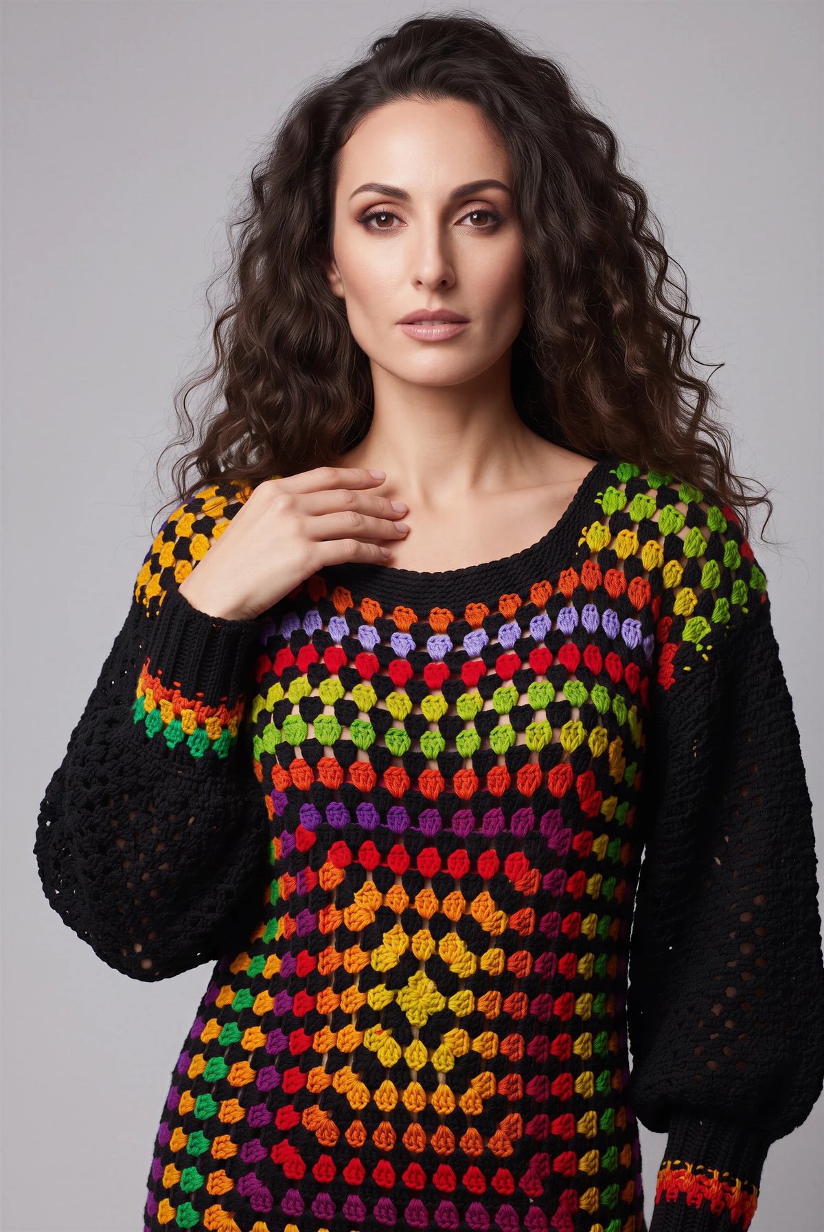 Robe Op'Art crochet — détail motifs granny multicolores effet optique — Cachalabibi