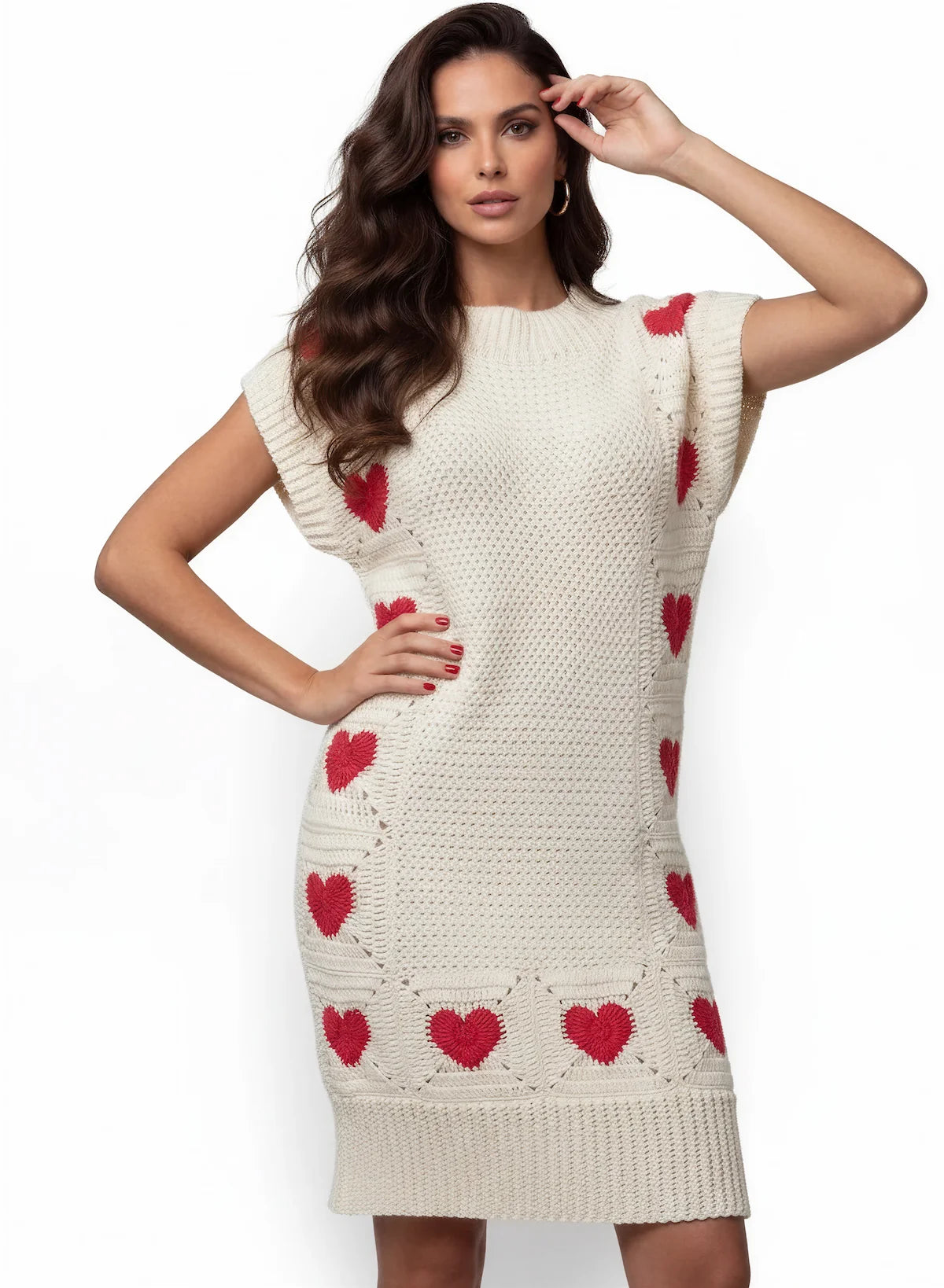 Robe crochet fait main Vestita écru cœurs rouges 3D relief point ajouré losanges – Cachalabibi