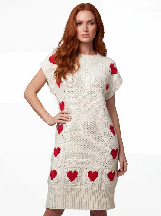 Robe crochet fait main Vestita écru cœurs rouges - vue de fce - silhouette complète 3 zones points – Cachalabibi