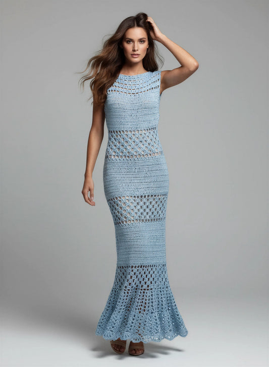 Robe crochet fait main Altobella bleu glacier bretelles filet carrés panneaux alternés points différents maxi – Cachalabibi