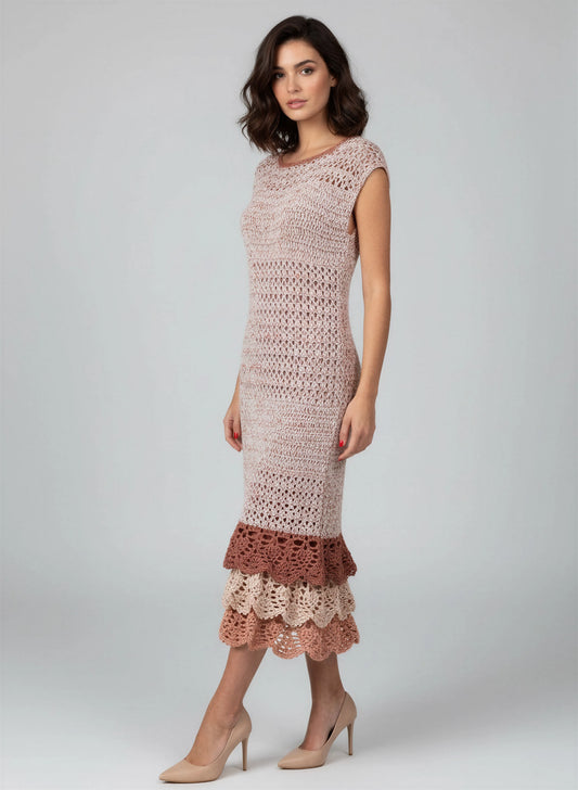 Robe crochet fait main Cioccolato beige rosé panneaux alternés double volante terracotta écru pose debout en 3/4 – Cachalabibi