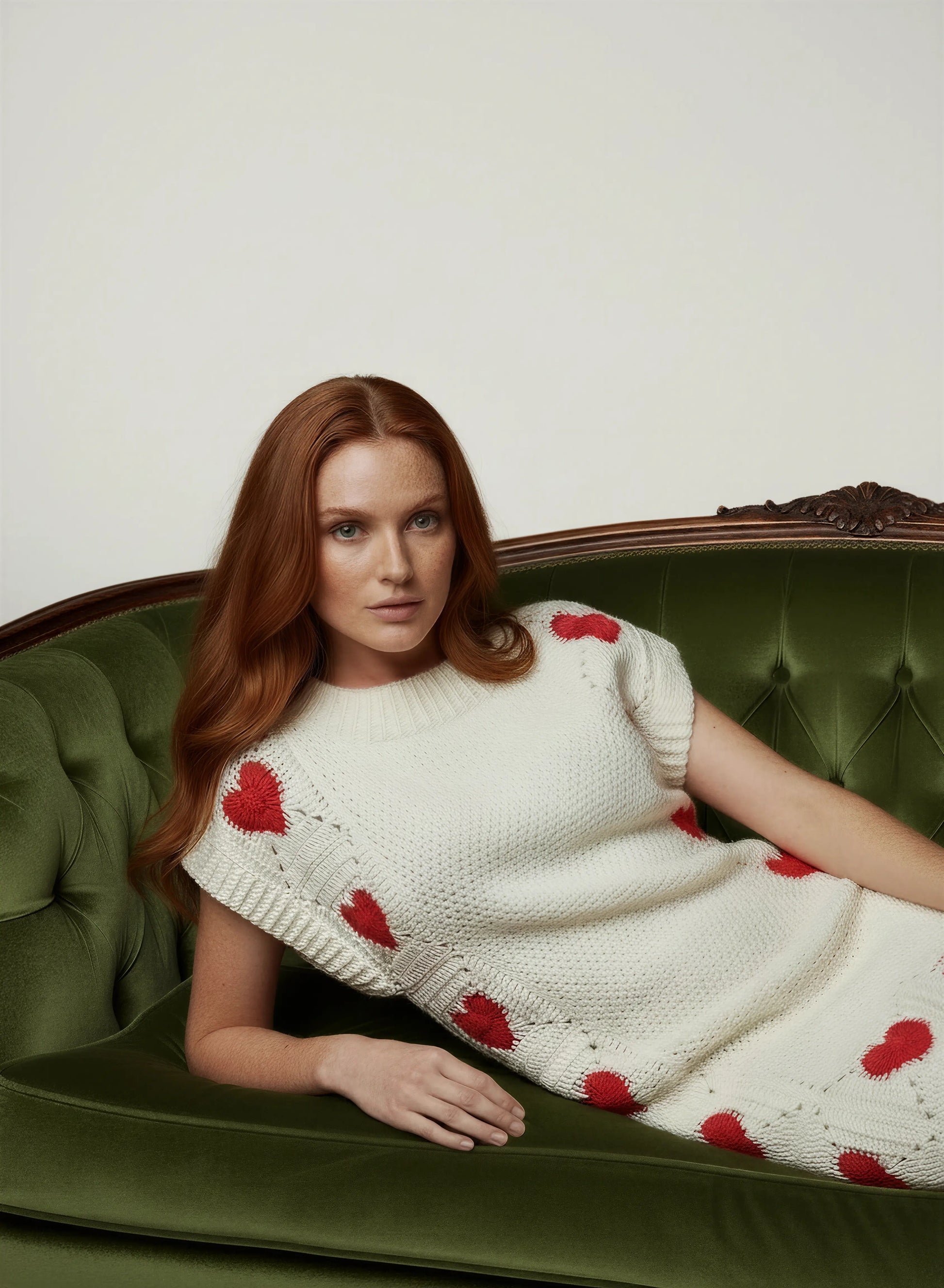 Robe crochet fait main Vestita écru cœurs rouges 3D méridienne velours vert bouteille pose éditoriale – Cachalabibi