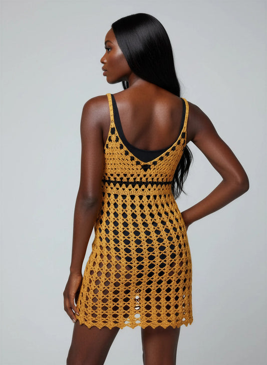 Robe de bain crochet fait main Cocconoce jaune safran dos 3 zones étoiles ceinture losanges bordure festonnée – Cachalabibi