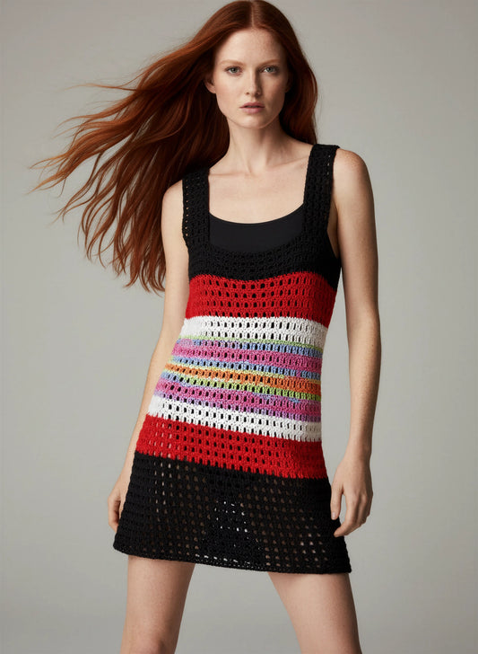 Robe de bain crochet fait main Maio noir rouge arc-en-ciel rayures filet grandes mailles mini dynamique – Cachalabibi
