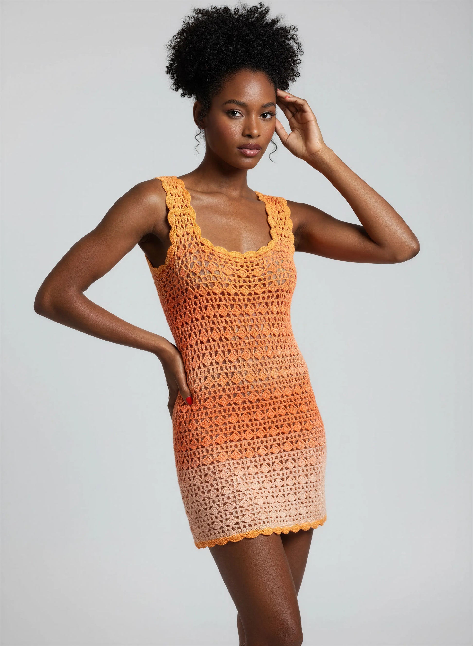 Robe de bain crochet fait main Papayago dégradé ombré orange pêche coupe moulante mini bordure festonnée – Cachalabibi