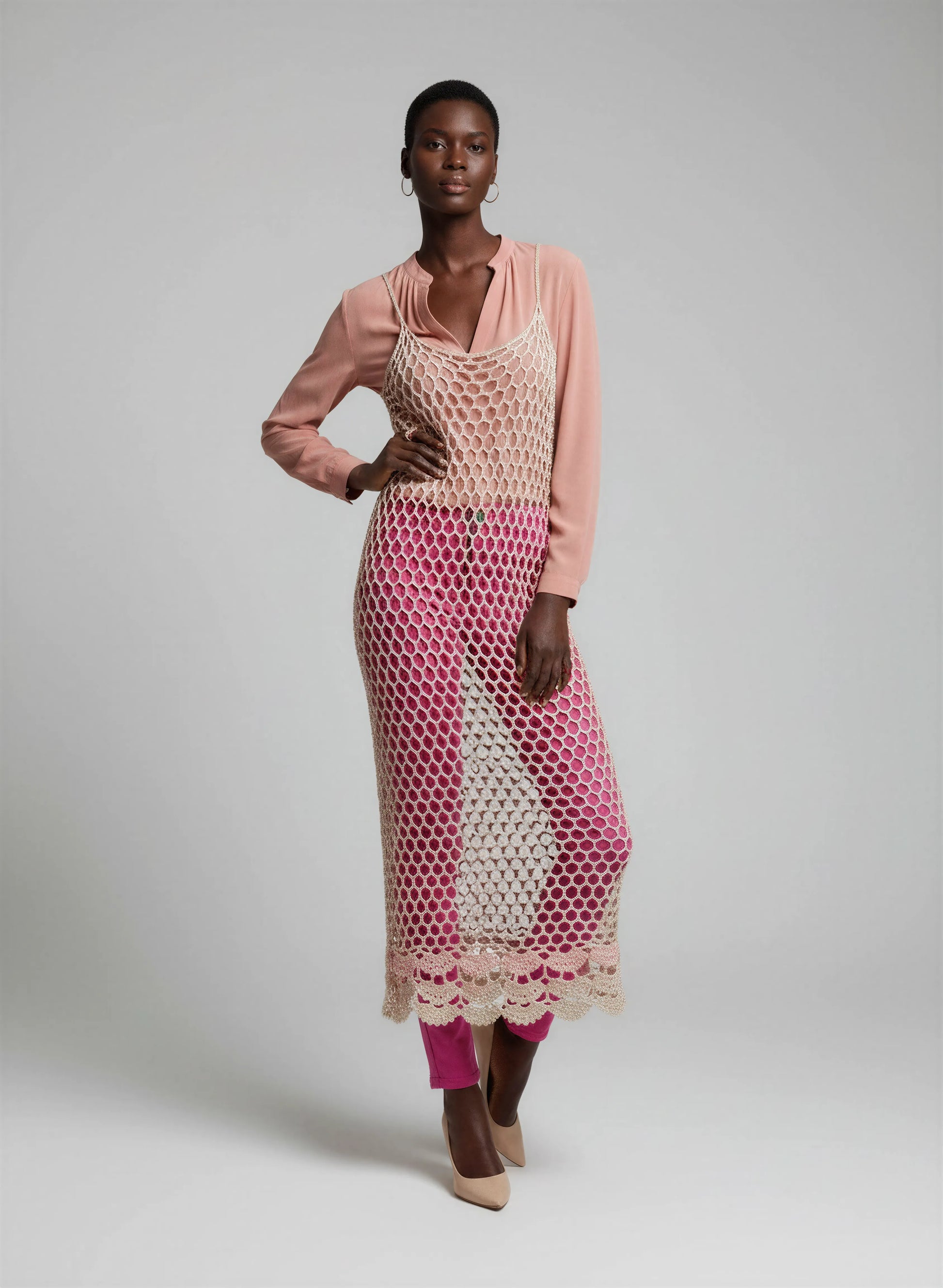 Robe de bain crochet fait main Pescarete beige rosé nid abeilles double bordure rose poudré transparent luxe – Cachalabibi