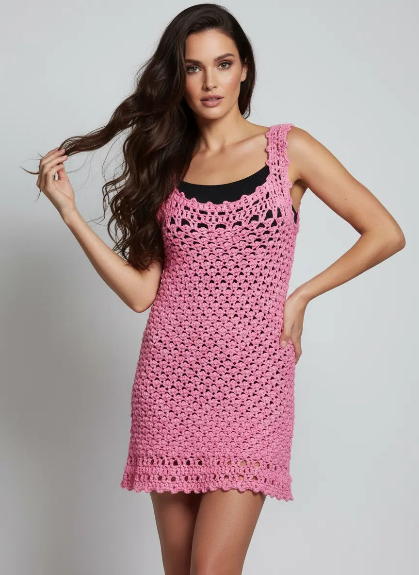 Robe de bain crochet fait main Pitaya rose bonbon éventails relief encolure U festonnée bretelles larges mini – Cachalabibi