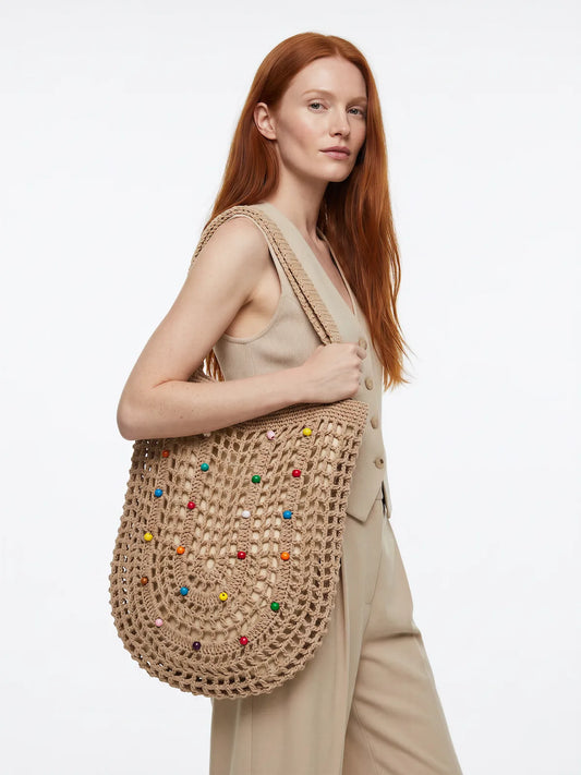 Sac femme cabas Bouboule beige spirale ajourée doublure – crochet fait main – porté épaule – Cachalabibi