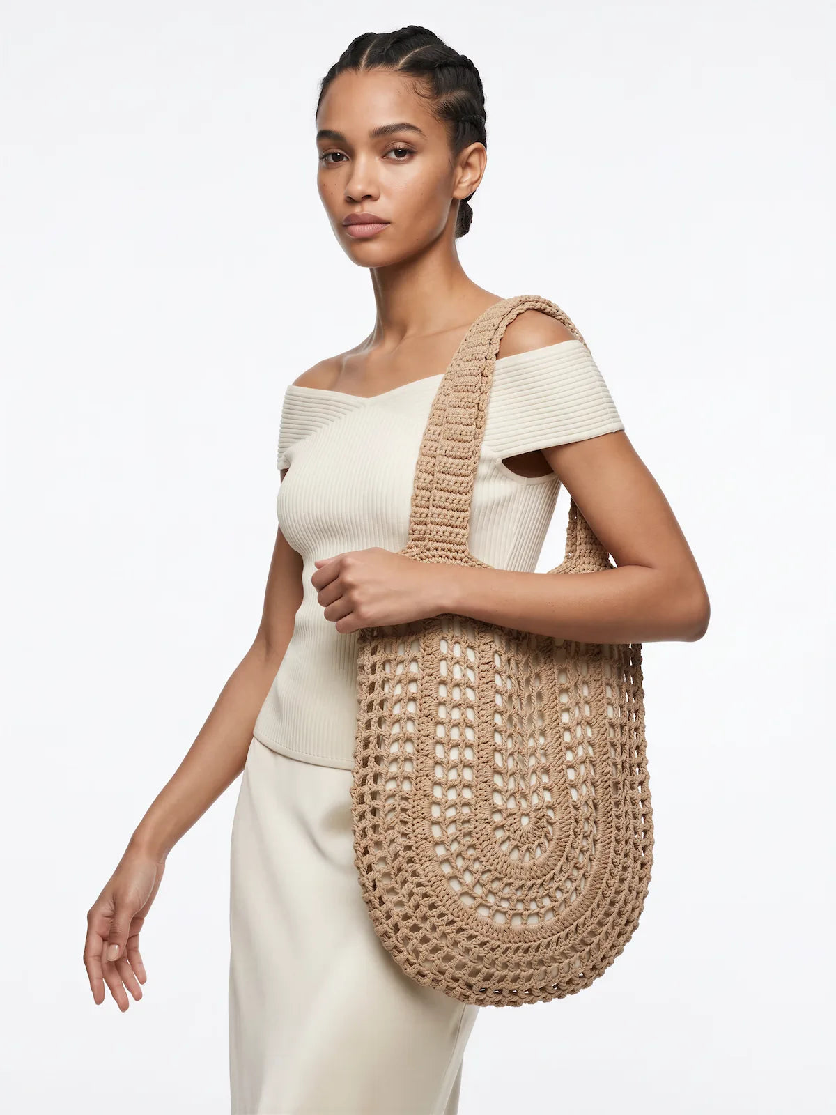 Sac femme cabas Bouboule beige spirale ajourée perles multicolores – crochet fait main – porté épaule – Cachalabibi
