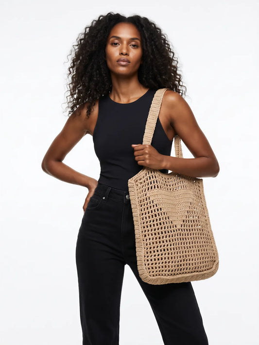 Sac cabas Cairo beige grande maille ajourée bordure festonnée – crochet fait main – porté épaule – Cachalabibi