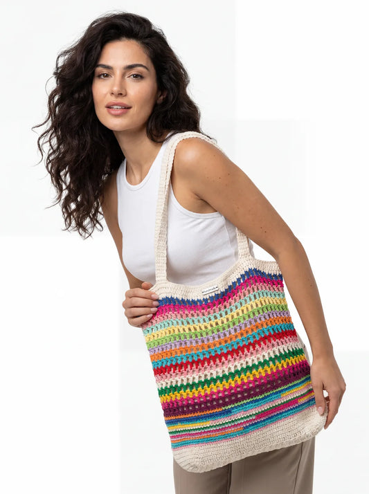 Sac cabas Oulatuvu crème rayures arc-en-ciel vagues doublure lin – crochet fait main – porté épaule – Cachalabibi
