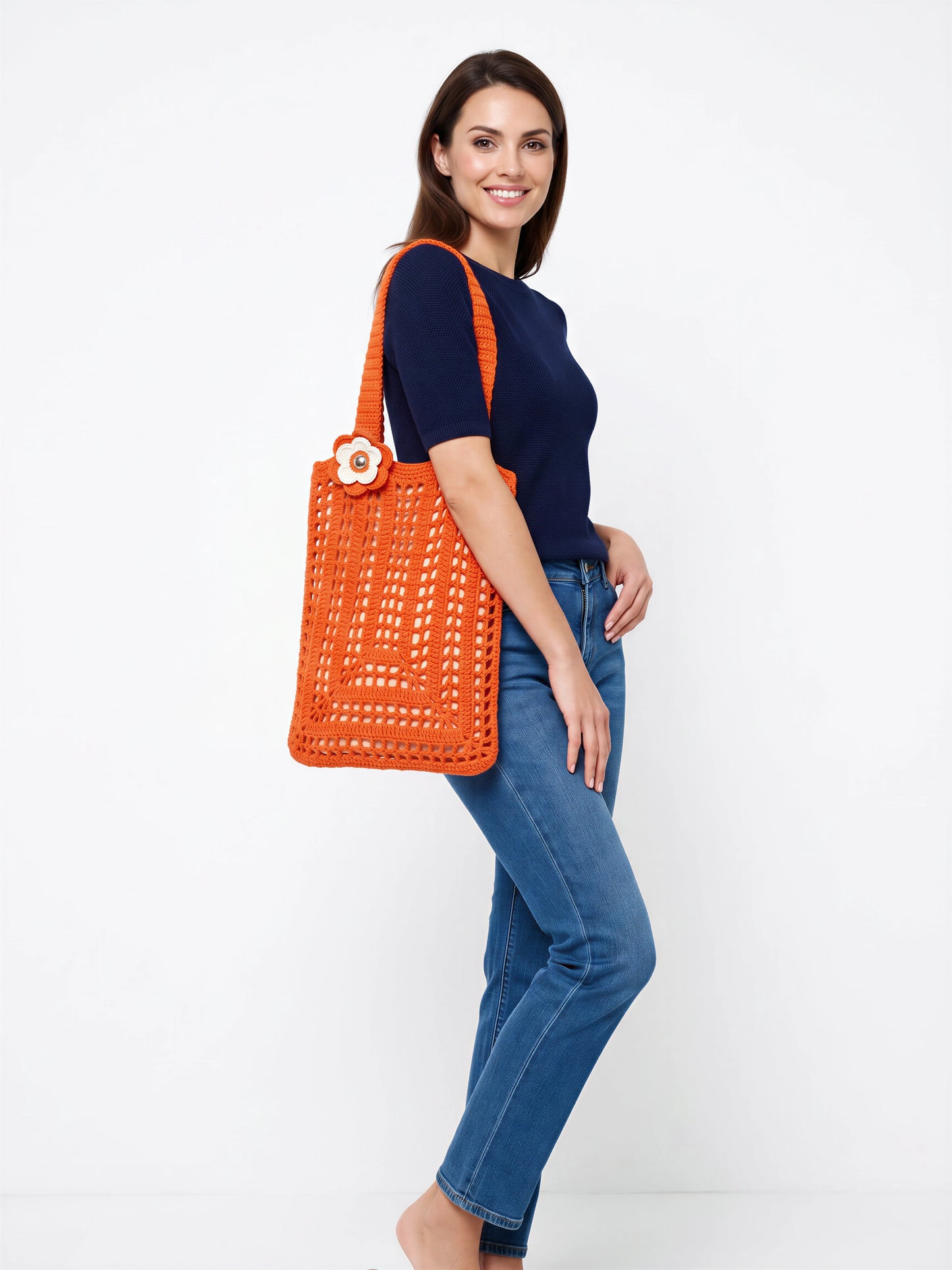 Sac cabas Pocketto orange granny square géant fleur crème doublure lin – crochet fait main – porté épaule – Cachalabibi