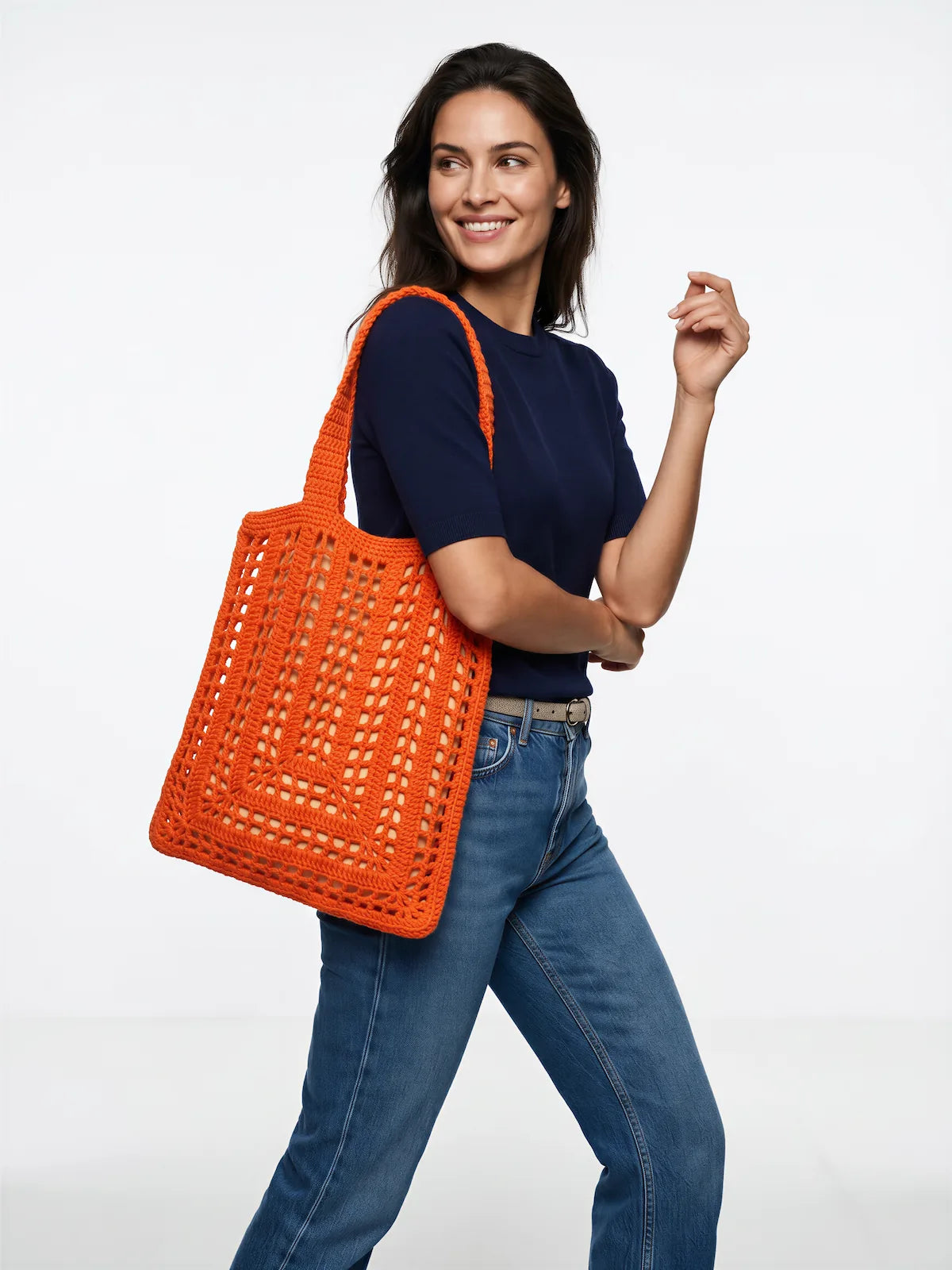 Sac cabas Pocketto orange granny square géant fleur crème doublure lin – crochet fait main – pose dynamique – Cachalabibi