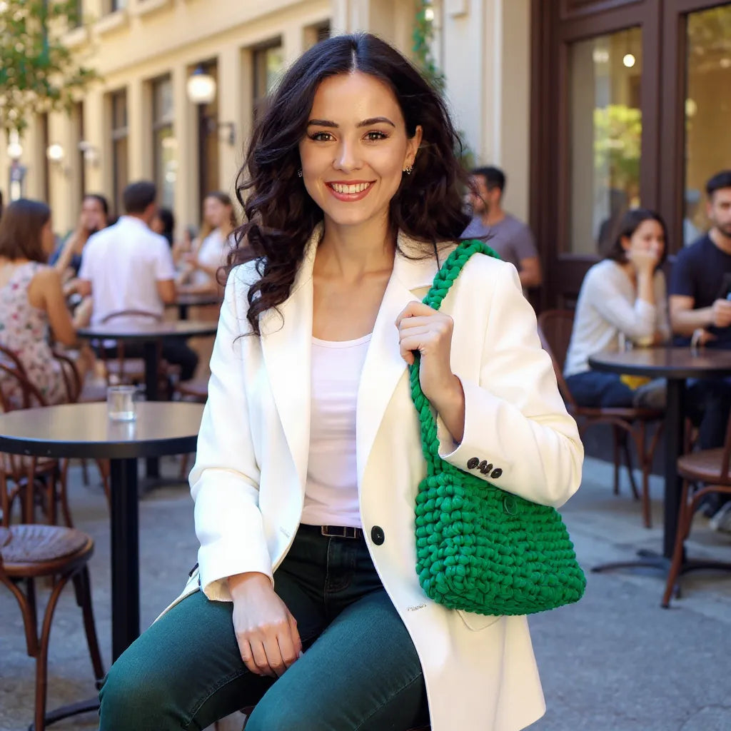 Sac à main au crochet fait main Menta de Cachalabibi - vert - porté en terrasse par une jeune femme assise